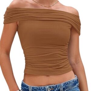 Off The Shoulder Tops Ruched Y2K Going Out Top (Light Brown,XX-Large)